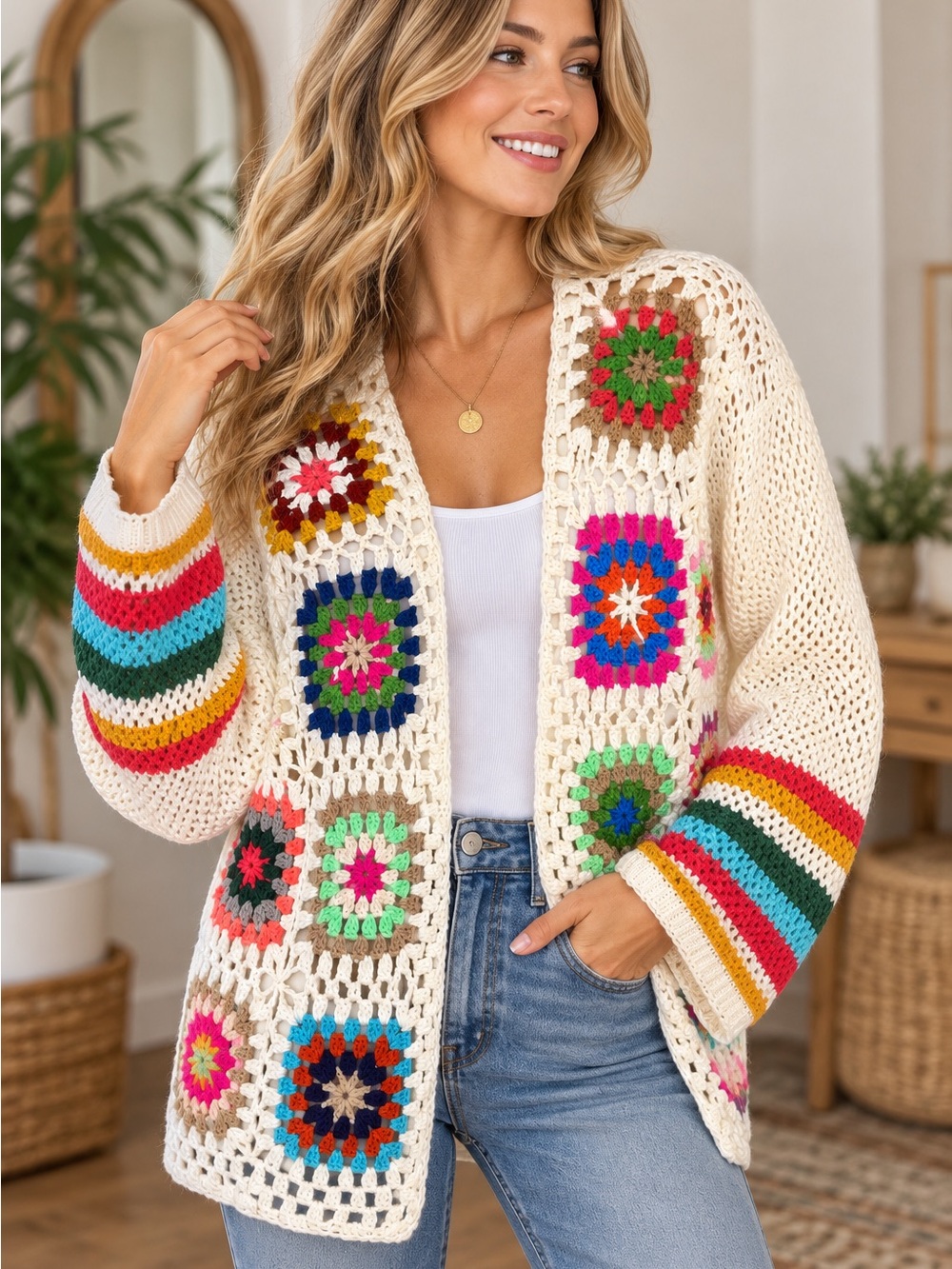 Women’s Crochet Granny Square Cardigan Multicolor Boho XL